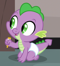 Size: 825x908 | Tagged: safe, imported from derpibooru, screencap, spike, dragon, sparkle's seven, adorable face, baby, baby dragon, baby spike, claws, cropped, cute, daaaaaaaaaaaw, diaper, male, marker, open mouth, sitting, smiling, solo, spikabetes, tail