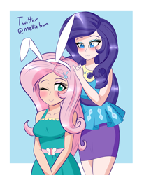 Size: 1650x2000 | Tagged: safe, artist:melliedraws, imported from derpibooru, fluttershy, rarity, human, equestria girls, equestria girls series, blushing, breasts, bunny ears, busty fluttershy, clothes, cute, dress, female, flarity, fluttershy boho dress, geode of shielding, human coloration, humanized, lesbian, magical geodes, rarity peplum dress, shipping, smiling