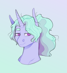 Size: 1023x1109 | Tagged: safe, artist:elf-hollow, artist:geisharozu, imported from derpibooru, oc, oc only, oc:snow smokes, pony, unicorn, bust, magical lesbian spawn, male, offspring, parent:starlight glimmer, parent:trixie, parents:startrix, portrait, solo, stallion