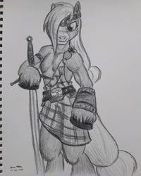 Size: 2448x3060 | Tagged: safe, artist:rockhoppr3, imported from derpibooru, applejack, anthro, earth pony, semi-anthro, leak, spoiler:g5, applejack (g5 concept leak), applejack (g5), applejacked, arm hooves, female, g5, g5 concept leak style, g5 concept leaks, kilt, looking at you, monochrome, muscles, muscular female, signature, simple background, sketch, solo, stencil, sword, traditional art, weapon, white background
