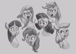 Size: 2500x1778 | Tagged: safe, artist:jotun22, deleted from derpibooru, imported from derpibooru, applejack, fluttershy, pinkie pie, rainbow dash, rarity, twilight sparkle, pony, expressions, faic, female, gray background, grayscale, mane six, mare, monochrome, simple background