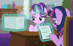 Size: 753x480 | Tagged: safe, imported from derpibooru, screencap, starlight glimmer, twilight sparkle, alicorn, pony, unicorn, sparkle's seven, animated, duo, duo female, female, glowing horn, paper, smiling, twilight sparkle (alicorn)