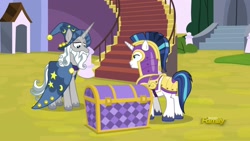 Size: 1920x1080 | Tagged: safe, imported from derpibooru, screencap, shining armor, star swirl the bearded, pony, unicorn, sparkle's seven, armor, beard, cape, chest, clothes, duo, facial hair, hat, male, stallion, wizard hat