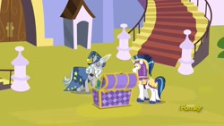 Size: 1920x1080 | Tagged: safe, imported from derpibooru, screencap, shining armor, star swirl the bearded, pony, unicorn, sparkle's seven, armor, beard, cape, chest, clothes, duo, eyes closed, facial hair, hat, magic, magic aura, male, stallion, wizard hat