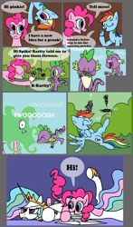 Size: 939x1600 | Tagged: artist needed, safe, imported from derpibooru, pinkie pie, princess celestia, rainbow dash, spike, dragon, pony, baby, baby dragon, comic