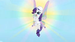 Size: 1600x900 | Tagged: safe, imported from derpibooru, screencap, rarity, pony, sonic rainboom (episode), butterfly wings, day, female, glimmer wings, mare, sky, solo, sun, weather factory uniform