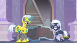Size: 1920x1080 | Tagged: safe, imported from derpibooru, screencap, silver sable, pony, unicorn, sparkle's seven, armor, background pony, brick, duo, female, glowing horn, guardsmare, helmet, hoof shoes, horn, levitation, magic, magic aura, male, mare, night guard, royal guard, royal guard armor, saddle, stallion, tack, tail wrap, telekinesis, unicorn royal guard