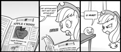 Size: 1000x435 | Tagged: safe, artist:madmax, imported from derpibooru, applejack, earth pony, pony, equestria daily, annoying orange, apple, applejack's hat, comic, cowboy hat, crossover, female, food, hat, mare, newspaper, orange, u mad