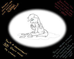 Size: 1280x1024 | Tagged: artist needed, safe, imported from derpibooru, rainbow dash, pegasus, pony, abuse, crying, dashabuse, fillyfooler, folded wings, lineart, sad, sadness, sitting, solo, text, wings