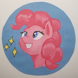 Size: 2128x2128 | Tagged: safe, artist:honeybeepony, imported from derpibooru, pinkie pie, pony, abstract background, bust, female, happy, simple background, solo