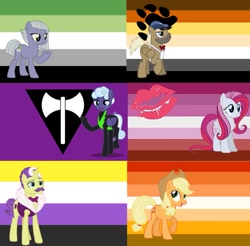Size: 1139x1121 | Tagged: safe, deleted from derpibooru, imported from derpibooru, applejack, crafty crate, dandy grandeur, diamond rose, limestone pie, rolling thunder, aromantic, aromantic pride flag, bear (sexuality), bear pride flag, butch lesbian, butch lesbian pride flag, flag, lgbtq, lipstick lesbian, lipstick lesbian pride flag, mouthpiece, nonbinary, nonbinary pride flag, pride, pride flag