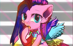 Size: 1400x875 | Tagged: safe, artist:初茗茉上tzxj, imported from derpibooru, pinkie pie, earth pony, pony, fanfic:cupcakes, abstract background, cute, cuteamena, cutie mark dress, ear fluff, female, grim, grimcute, hoof over mouth, horn, horn necklace, looking at you, mare, necklace, open mouth, pinkamena diane pie, severed horn, solo