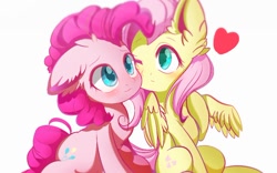 Size: 850x531 | Tagged: safe, artist:初茗茉上tzxj, imported from derpibooru, fluttershy, pinkie pie, earth pony, pegasus, pony, blushing, chest fluff, cute, diapinkes, ear fluff, female, flutterpie, heart, hoof on chest, lesbian, mare, shipping, shyabetes, simple background, smiling, white background