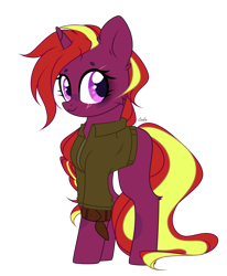 Size: 1780x2156 | Tagged: safe, artist:lazuli, artist:mint-light, imported from derpibooru, oc, oc only, oc:cherry twister, pony, unicorn, base used, blushing, braid, clothes, eye scar, fatigues, female, jacket, long mane, long tail, scar, simple background, smiling, solo, transparent background