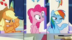 Size: 1920x1080 | Tagged: safe, imported from derpibooru, screencap, applejack, pinkie pie, rainbow dash, earth pony, pegasus, pony, sparkle's seven, chair, friendship throne, one eye closed, smiling, smirk, wink