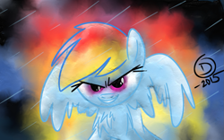 Size: 1157x720 | Tagged: safe, artist:superdashiebros, imported from derpibooru, rainbow dash, pegasus, pony, abstract background, chest fluff, evil grin, female, grin, mare, smiling, solo