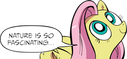 Size: 3776x1769 | Tagged: safe, artist:sponandi, idw, imported from derpibooru, fluttershy, pony, the return of queen chrysalis, 1000 hours in gimp, absurd resolution, comic, exploitable meme, female, gimp, looking up, meme, nature is so fascinating, simple background, solo, text, transparent background, vector