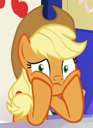 Size: 465x642 | Tagged: safe, edit, edited screencap, imported from derpibooru, screencap, applejack, earth pony, pony, sparkle's seven, cropped, female, friendship throne, hooves on cheeks, solo, squishy cheeks, stare