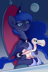 Size: 1181x1772 | Tagged: safe, artist:php97, imported from derpibooru, princess luna, alicorn, pony, sparkle's seven, female, luna petting goose, mare, scene interpretation, sitting, solo