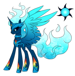 Size: 1920x1965 | Tagged: safe, artist:kxttponies, imported from derpibooru, oc, oc only, alicorn, pony, alicorn oc, blue fire, cutie mark, ethereal mane, magical lesbian spawn, mane of fire, offspring, parent:daybreaker, parent:rainbow dash, simple background, solo, transparent background
