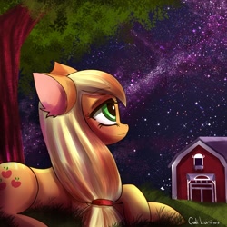 Size: 2048x2048 | Tagged: safe, artist:cali luminos, imported from derpibooru, applejack, pony, apple, beautiful, cute, digital art, farm, female, food, night, nostalgia, solo, stars, sweet apple acres, tree