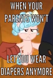 Size: 259x376 | Tagged: safe, edit, edited screencap, imported from derpibooru, screencap, cozy glow, lord tirek, queen chrysalis, changeling, changeling queen, pegasus, pony, the beginning of the end, caption, female, filly, image macro, implied diaper, implied diaper fetish, text