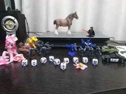 Size: 4032x3016 | Tagged: safe, imported from derpibooru, photographer:horsesplease, applejack, pinkie pie, clydesdale, horse, ork, pony, barricade, cadian shock troops, clash of hasbro's titans, collection, dice, figurine, flower, flower in hair, gaming miniature, hound, imperial guard, kylo ren, lego, miniature, sakura pie, space marine, transformers, ultramarine, warhammer (game), warhammer 40k, why
