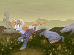 Size: 2560x1920 | Tagged: safe, artist:djkaskan, imported from derpibooru, big macintosh, oc, oc only, oc:littlepip, alligator, pony, unicorn, fallout equestria, clothes, fanfic, fanfic art, female, galloping, grass, hooves, horn, jumpsuit, mare, memorial, open mouth, pipbuck, radigator, saddle bag, solo, vault suit