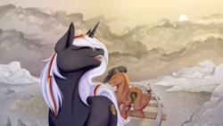 Size: 2560x1440 | Tagged: safe, artist:djkaskan, imported from derpibooru, oc, oc only, oc:calamity, oc:littlepip, oc:velvet remedy, pegasus, pony, unicorn, fallout equestria, battle saddle, clothes, cloud, cloudy, cowboy hat, dashite, eyes closed, fanfic, fanfic art, female, gun, hat, hooves, horn, jumpsuit, male, mare, open mouth, pipbuck, railroad, rifle, singing, stallion, vault suit, weapon, wings