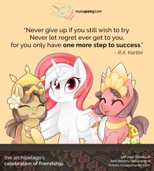 Size: 1440x1604 | Tagged: safe, artist:nusaponycon, imported from derpibooru, oc, oc:indonisty, oc:nuning, oc:salasika, alicorn, pony, advice, alicorn oc, determination, feminism, indonesia, kartini day, nusaponycon, positive ponies, r.a. kartini, women's rights
