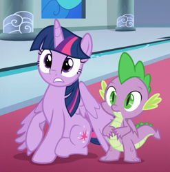 Size: 630x638 | Tagged: safe, imported from derpibooru, screencap, spike, twilight sparkle, alicorn, dragon, pony, sparkle's seven, cropped, female, male, sitting, twilight sparkle (alicorn), winged spike, wings
