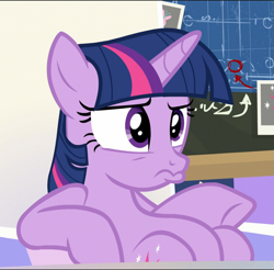 Size: 919x905 | Tagged: safe, imported from derpibooru, screencap, twilight sparkle, alicorn, pony, sparkle's seven, belly, chalkboard, cropped, duckface, female, friendship throne, mare, pouting, sitting, slouching, solo, twilight sparkle (alicorn), underhoof