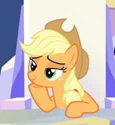 Size: 766x833 | Tagged: safe, imported from derpibooru, screencap, applejack, earth pony, pony, sparkle's seven, applejack's hat, cowboy hat, cropped, cute, female, freckles, friendship throne, hat, hoof on chin, jackabetes, lidded eyes, mare, raised hoof, sitting, solo