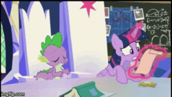 Size: 360x203 | Tagged: safe, imported from derpibooru, screencap, spike, twilight sparkle, alicorn, dragon, pony, sparkle's seven, animated, chalkboard, discovery family logo, friendship throne, frustration, gif, glowing horn, imgflip, magic, oh come on, reading a letter, telekinesis, twilight sparkle (alicorn), winged spike, wings