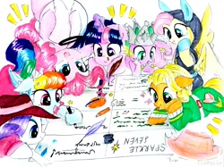 Size: 2078x1557 | Tagged: safe, artist:liaaqila, imported from derpibooru, applejack, fluttershy, pinkie pie, rainbow dash, rarity, spike, twilight sparkle, alicorn, sparkle's seven, bunny ears, clothes, costume, crown, dangerous mission outfit, detective rarity, hard-won helm of the sibling supreme, hat, hoodie, inkwell, liaaqila is trying to murder us, mane six, megaradash, pen, quill, rainbow dash always dresses in style, tongue out, traditional art, twilight sparkle (alicorn)