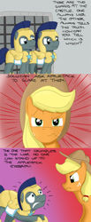 Size: 506x1224 | Tagged: safe, artist:hoofclid, imported from derpibooru, applejack, pony, applejack is not amused, applejack's eyebrow, comic, fear, royal guard, stare, unamused