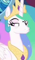 Size: 620x1080 | Tagged: safe, edit, edited screencap, imported from derpibooru, screencap, princess celestia, pony, sparkle's seven, celestia is not amused, cropped, female, pouting, raised eyebrow, reaction image, solo, unamused