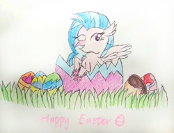 Size: 924x705 | Tagged: safe, artist:sumi-mlp25, imported from derpibooru, silverstream, behaving like a bird, birb, easter, easter egg, egg, grass, holiday