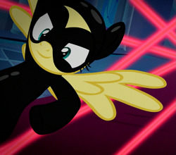 Size: 1033x909 | Tagged: safe, imported from derpibooru, screencap, fluttershy, pegasus, pony, sparkle's seven, acrobatics, badass, badass adorable, catsuit, cropped, cute, domino mask, female, flutterbadass, flutterspy, latex, latex suit, mare, smiling, solo, spread wings, wings