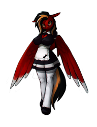 Size: 1300x1700 | Tagged: safe, alternate version, artist:stardep, imported from derpibooru, oc, oc only, oc:margon, anthro, pegasus, unguligrade anthro, big breasts, black mane, breasts, clothes, female, maid, red coat, rule 63, simple background, socks, solo, standing, striped mane, tattoo, transparent background, wings