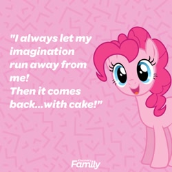Size: 1080x1080 | Tagged: safe, artist:discoveryfamily, imported from derpibooru, pinkie pie, pony, discovery family, female, imagination, pink, quote, solo