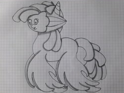 Size: 4128x3096 | Tagged: safe, artist:juani236, imported from derpibooru, monster pony, pony, black and white, graph paper, grayscale, happy, monochrome, solo, traditional art, where is your god now?, wtf