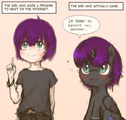 Size: 911x866 | Tagged: safe, artist:plotcore, imported from derpibooru, oc, oc only, oc:nyx, alicorn, human, pony, alicorn oc, armband, blushing, catfishing, description is relevant, dialogue, female, filly, heart, humanized, humanized oc, looking at you, oniichan, ponified, ponified meme, simple background, speech bubble