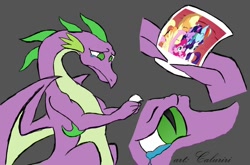 Size: 1000x660 | Tagged: artist needed, source needed, safe, artist:caluriri, imported from derpibooru, applejack, fluttershy, pinkie pie, rainbow dash, rarity, spike, twilight sparkle, dragon, pony, adult, adult spike, gray background, immortality blues, male, mane seven, mane six, older, older spike, photo, simple background, winged spike, wings
