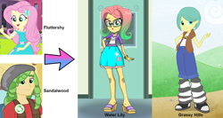 Size: 1576x840 | Tagged: safe, artist:silverbuller, imported from derpibooru, fluttershy, sandalwood, oc, oc:grassy hills, oc:water lily, equestria girls, equestria girls (movie), equestria girls series, 1000 hours in ms paint, female, geode of fauna, magical geodes, male, next generation, offspring, parent:fluttershy, parent:sandalwood, parents:sandalshy, sandalshy, shipping, straight