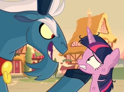 Size: 2732x2048 | Tagged: safe, artist:justsomepainter11, imported from derpibooru, grogar, twilight sparkle, alicorn, pony, sheep, season 9, the beginning of the end, 2019, evil grin, final battle, grin, harsher in hindsight, ponyville, ram, scared, series finale, show accurate, smiling, twilight sparkle (alicorn), twilight vs grogar