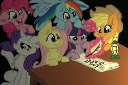 Size: 1200x800 | Tagged: safe, artist:superdashiebros, imported from derpibooru, applejack, fluttershy, pinkie pie, rainbow dash, rarity, twilight sparkle, pony, 2015, dark background, description is relevant, lantern, lighting, magic, mane six, poem, quill, telekinesis, writing