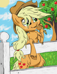 Size: 1024x1320 | Tagged: safe, artist:superdashiebros, imported from derpibooru, applejack, earth pony, pony, apple tree, bipedal, fence, hat, straw in mouth, tree, unshorn fetlocks