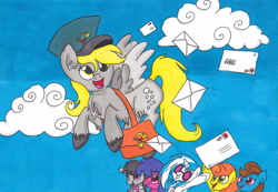 Size: 3492x2416 | Tagged: safe, artist:superdashiebros, imported from derpibooru, beauty brass, carrot top, derpy hooves, dj pon-3, golden harvest, octavia melody, vinyl scratch, pony, cloud, flying, hat, letter, mailbag, mailmare, sky
