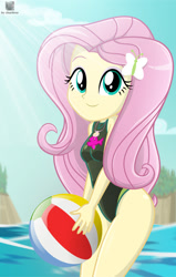 Size: 514x808 | Tagged: safe, artist:charliexe, imported from derpibooru, fluttershy, equestria girls, equestria girls series, adorasexy, beach, beach ball, clothes, cute, female, fluttershy's one-piece swimsuit, geode of fauna, magical geodes, ocean, one-piece swimsuit, sexy, shyabetes, smiling, solo, swimsuit